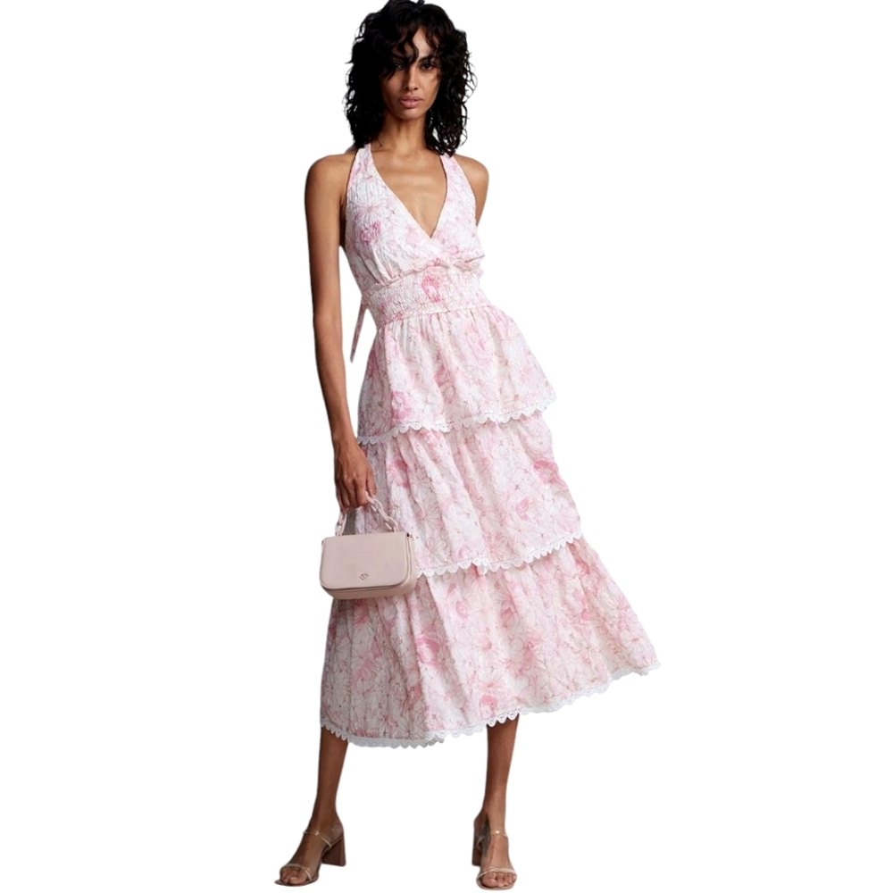 New York & Co Nwot Halter Pink/White Embroidered Lace Smocked Tiered Maxidress